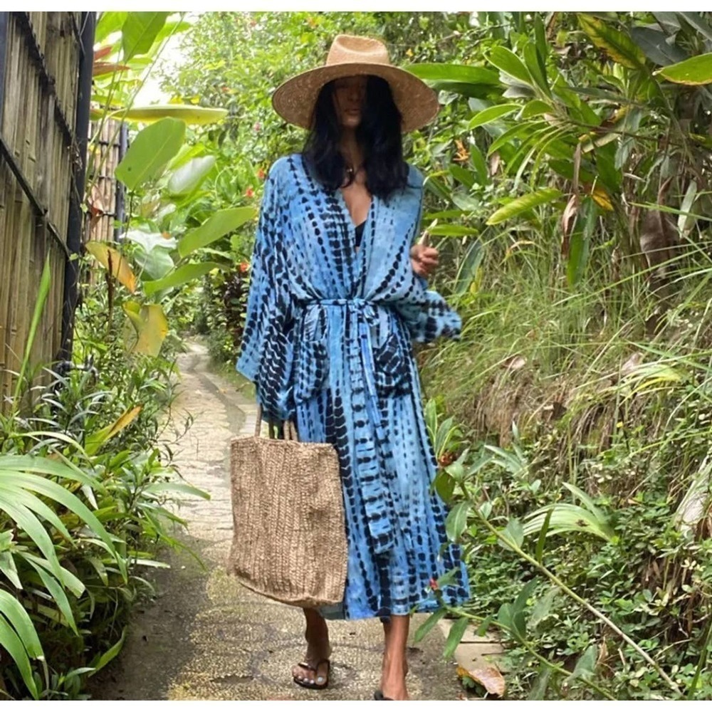 Bohemian Tie Dye Blue Beach Swim Coverup Maxi Duster Front Tie Flowy Ombre [Blue